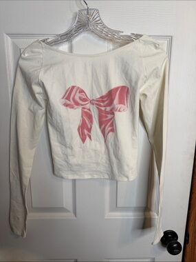 Kimchi Chic Beauty Cream Long Sleeve Top with Pink Bow Print